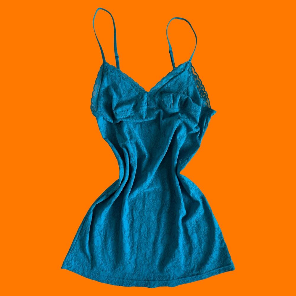 00's vintage turquoise floral lace lingerie y2k bodycon chemise MEDIUM cosabella